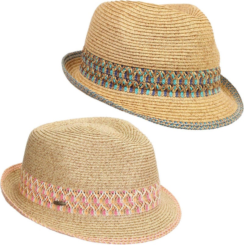 Funky Junque Women's Straw Fedora Sun Hat - UPF 50+ Protection, Short Brim, Stylish Woven Pattern - Image 1